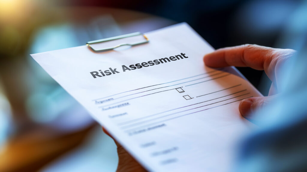 Close-up of a hand holding a risk assessment form in an office setting, highlighting the importance of evaluating legionella tests.